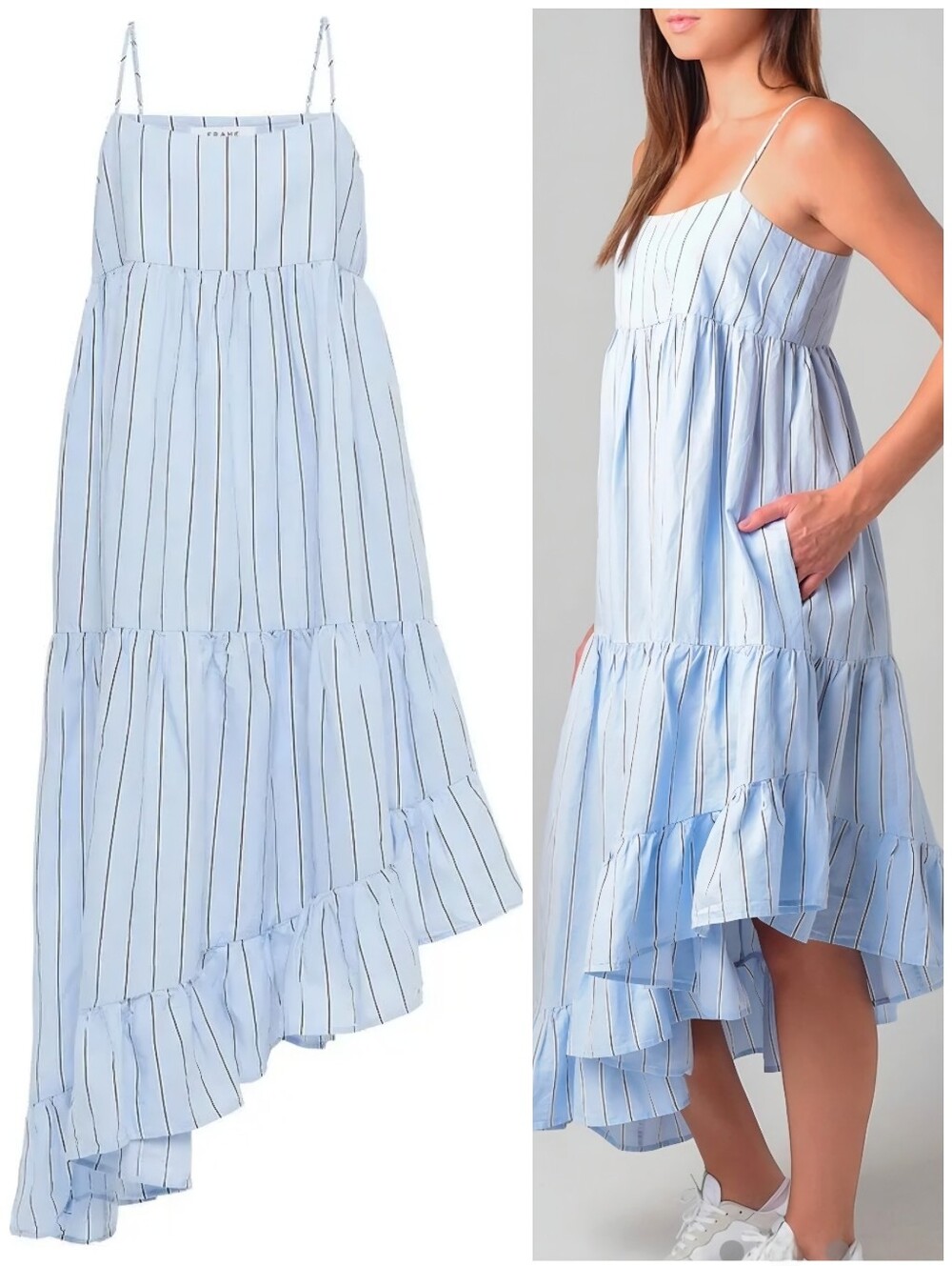 FRAME Gemma Striped Poplin Cotton Asymmetric Blue Dress, S